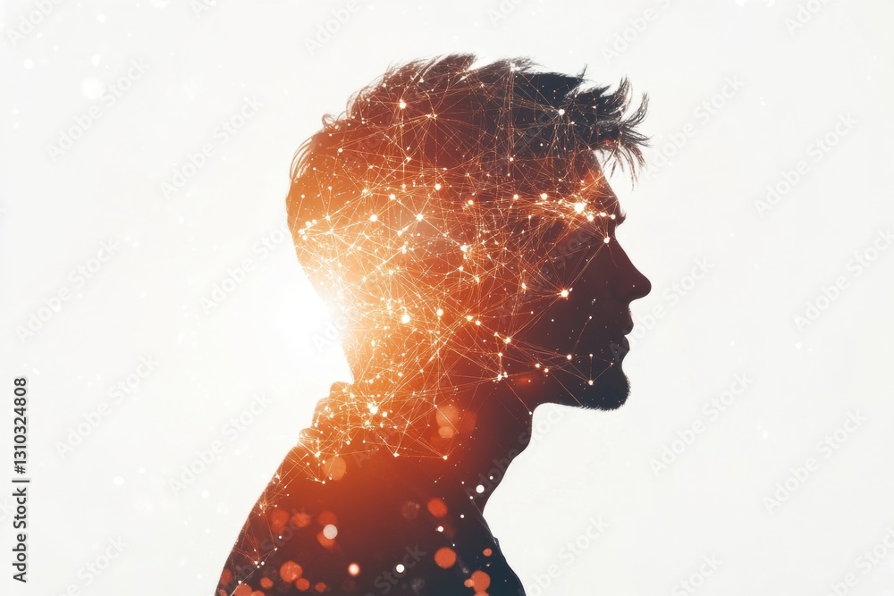 Poster a double exposure of the profile silhouette of an ai-illuminated man contemplating complex digital n