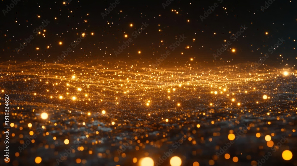 Poster golden particles floating in dark space, creating a sparkling, glittering effect.