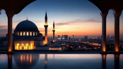 Mosque at Dawn, Istanbul, Cityscape Viewed Through Archway
