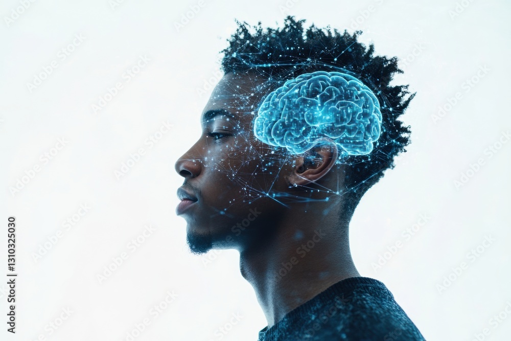 Poster a young man thinking with a digital brain and technology connection, with a double exposure effect c