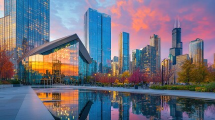 Cityscape with modern architecture reflecting in a tranquil pond at sunset.