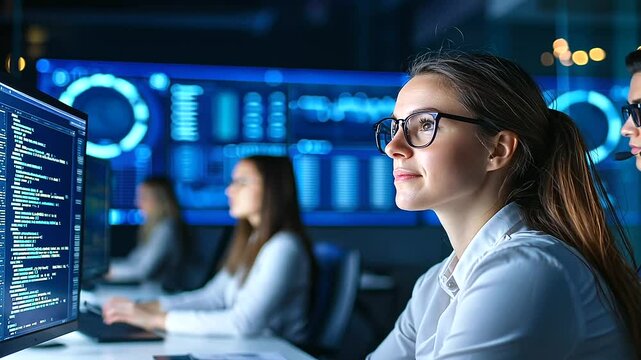 A female software engineer examines real-time data on her computer in a sleek, contemporary office setting.