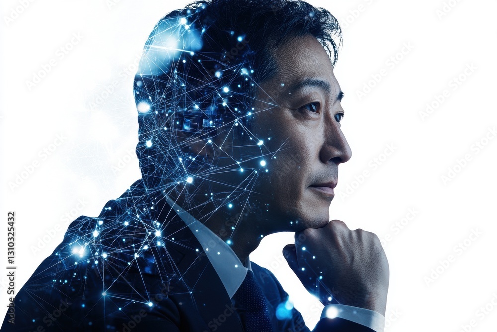 Poster a double exposure of the profile portrait of an ai scientist, with neural networks and data points i