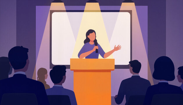 Teacher speaking passionately at podium in conference hall, education empowerment