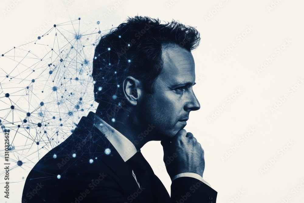Poster a double exposure of the profile portrait of an ai scientist, with neural networks and data points i