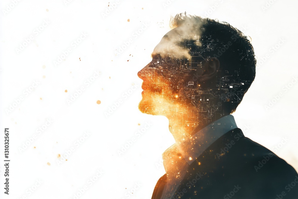 Poster a businessman thinking about artificial intelligence on a white background with a double exposure ef
