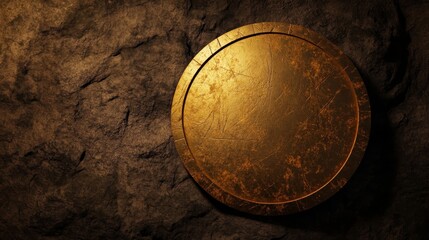 Golden circular emblem embedded in a rocky wall, symbolizing ancient craftsmanship and history