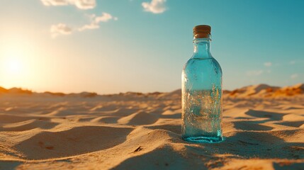 Glass bottle in desert sunset