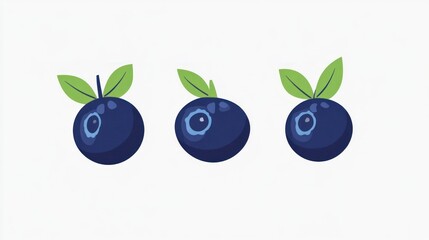 Three blueberries with leaves on white background