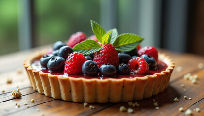 Delicious fruit tart with berries and mint on a wooden table, Gourmet Culinary Art 