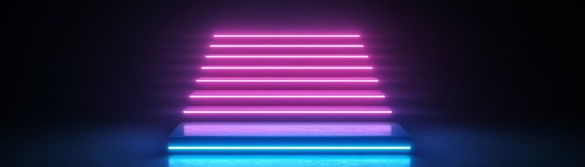 Futuristic neon stairs with vibrant pink and blue lights creating a dynamic visual effect in a dark setting.