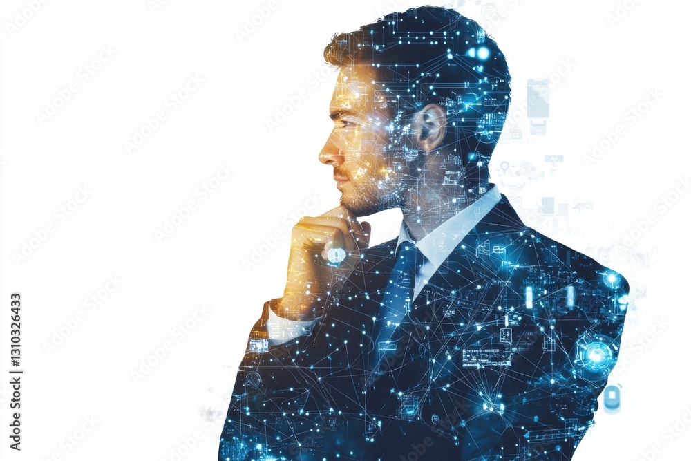 Poster a digital artwork depicting an ai engineer, with a double exposure effect showcasing data connection