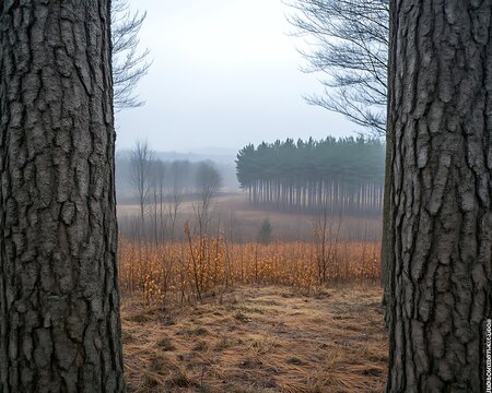 Trees frame forest in misty autumn landscape