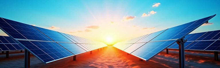 rows of solar panels in the desert  banner