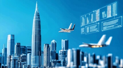 Futuristic cityscape with airplanes and digital interface overlays.