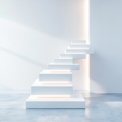Obraz premium Modern minimalistic staircase design featuring sleek white steps illuminated by soft light for a contemporary aesthetic.