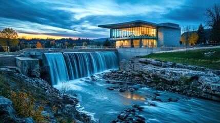 Modern architecture by waterfall at sunset.