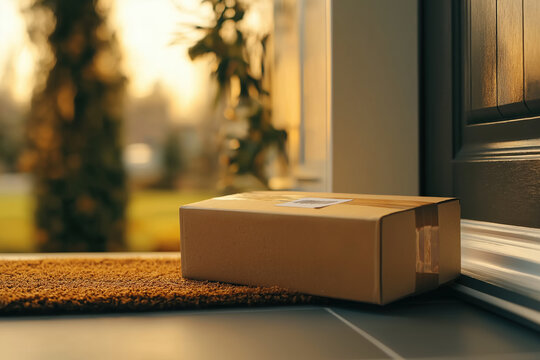 Package delivery at sunset on a residential doorstep in the late afternoon
