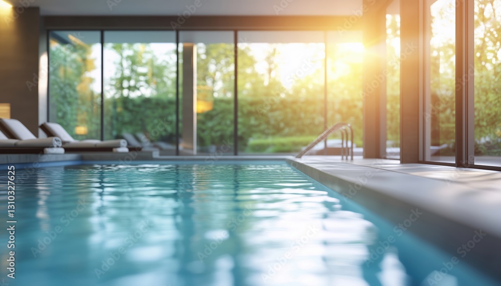 Poster blurred image of stylish indoor pool area with spacious windows and comfortable lounge chairs in mod