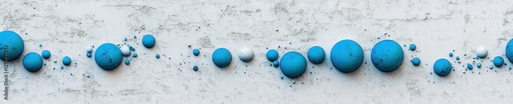 Poster a line of turquoise-colored spheres is arranged on a textured light background, creating an abstract