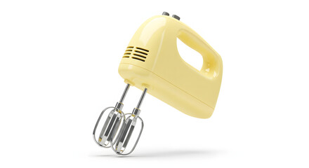 Retro charm of a vibrant yellow hand mixer on a pristine white backdrop