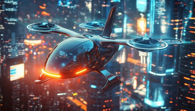 Night Cityscape Views From Air Taxis: The Future Of Personal Urban Transportation With Electric Vtol Aircraft And Passenger Drones.