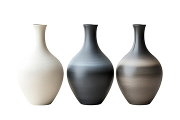 Elegant ceramic vases in white, gray, and black displayed on a minimalistic surface