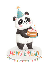 cartoon panda in party hat with festive cake,  happy birthday greeting card