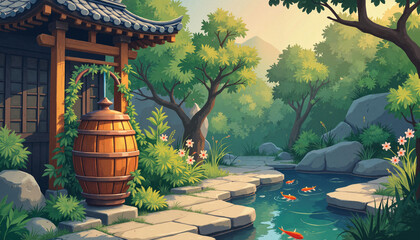 Naklejka premium Ornate rain barrel beside koi pond in Japanese garden, tranquil beauty