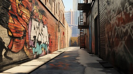 Fototapeta premium Graffiti-covered urban alleyway