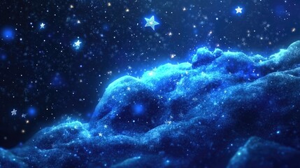 Sparkling clouds drift amid a starry, deep blue night sky, with a magical, cosmic backdrop