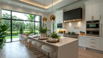 Modern kitchen island, Florida home, overlooking garden, enjoying a meal