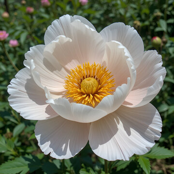 Blooming Paeonia White Cap. Raspberry peony with yellowish staminodes in the center in the summer garden. Nature background