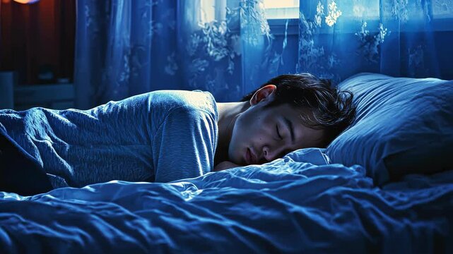 A young man in pajamas sleeps peacefully on his bed, enjoying a restful night. The scene conveys comfort, relaxation, and tranquility