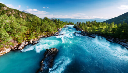 Spectacular River Valley: Majestic panoramic view of a vibrant, turquoise river winding through a lush, green valley under a bright sky, capturing the raw beauty and power of nature.