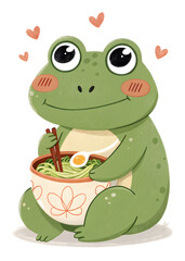 Obraz premium cute cartoon frog with ramen bowl against white background