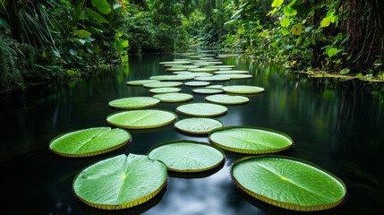 Serene water lily pads floating on calm water, surrounded by lush green foliage, creating a peaceful natural ambiance.
