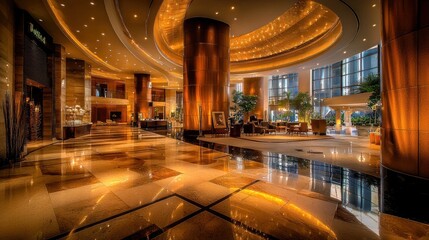 Luxurious hotel lobby with marble floor, gold accents, and modern design.