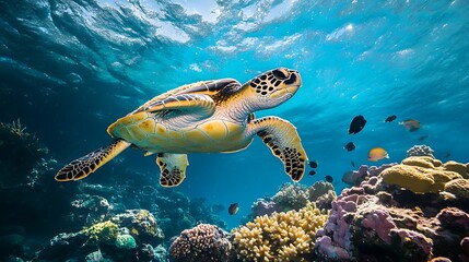 Obraz premium Sea Turtle Swimming in Clear Blue Ocean Over Coral Reef