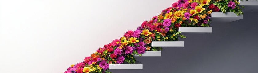 Vibrant flowers cascade down modern staircases, blending nature with contemporary design for an eye-catching decor.