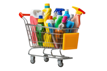 Shopping cart filled with various cleaning supplies and household products in bright colors