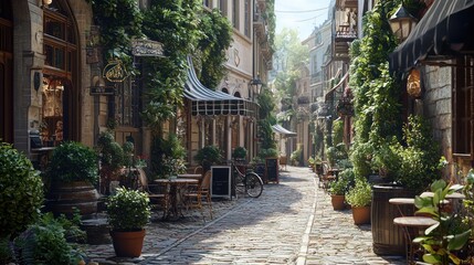Obraz premium Sunlit cobblestone street with cafes and lush greenery.