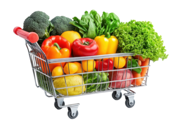 Fresh produce shopping cart filled with colorful fruits and vegetables in a bright setting