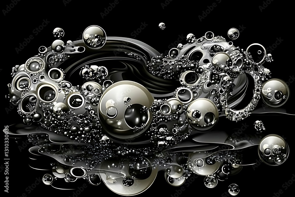 Poster abstract metallic sphere design, fluid chrome rendering on dark surface