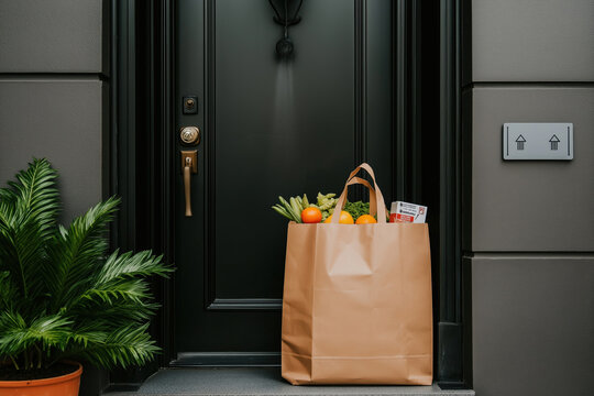 Fresh groceries delivered to a modern home entrance on a sunny day