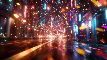 Colorful Confetti Falling On A City Street At Night