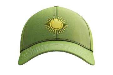 Stylish green cap with sun emblem on display in a bright setting for a casual outdoor look