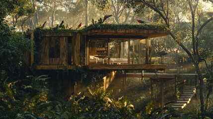 Jungle treehouse with birds, sunlit, plants, wooden structure, glass walls, stairs.