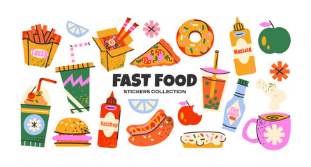 Fast food stickers set. Cartoon pizza, fries, ketchup, burgers, and other tasty snacks. Doodle and vibrant illustrations for street food and takeaway concepts.
