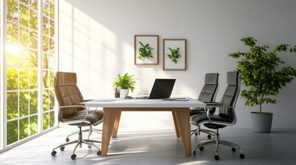 Modern Meeting Room with Sunlight and Plants, ideal for presentations